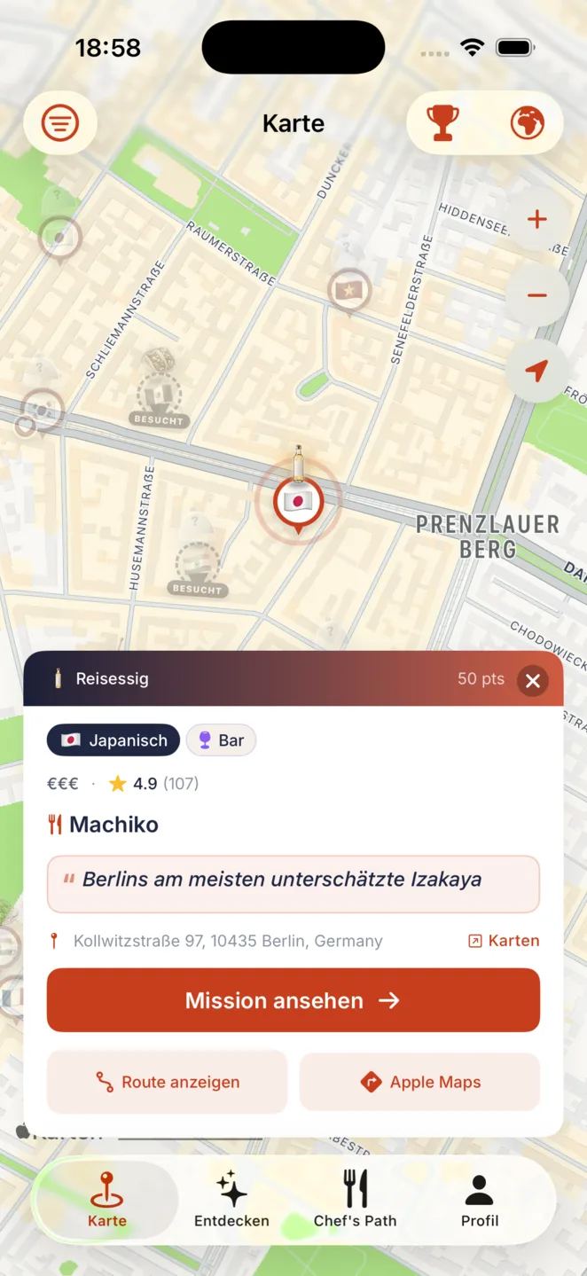 App-Screenshot: Berlin-Karte mit markiertem Food-Spot und aktiver Mission