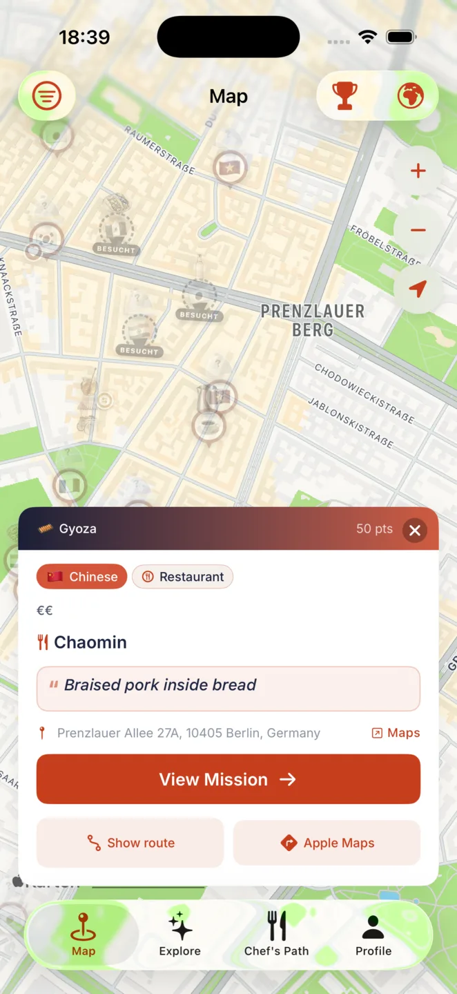App screenshot: Berlin map with a marked food spot and an active mission
