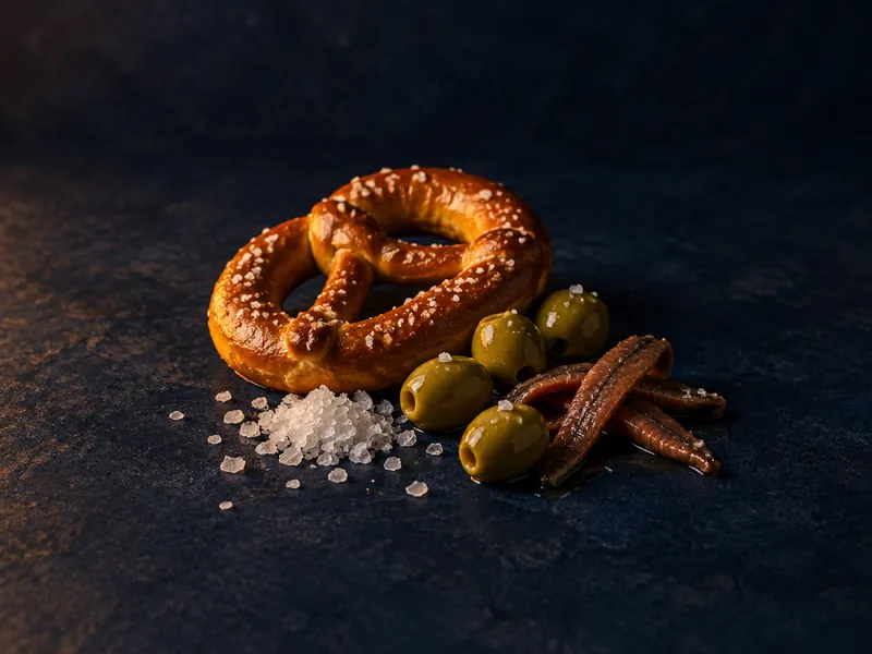 Coarse salt flakes next to olives and anchovies.
