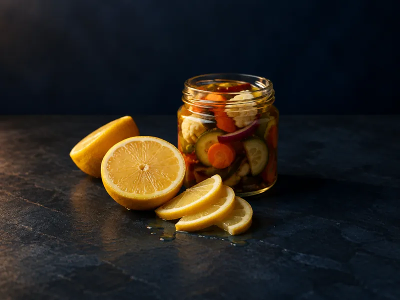 Sliced lemons and a jar of pickled vegetables.
