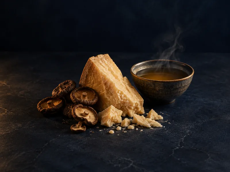 Parmesan, dried mushrooms and a bowl of broth.