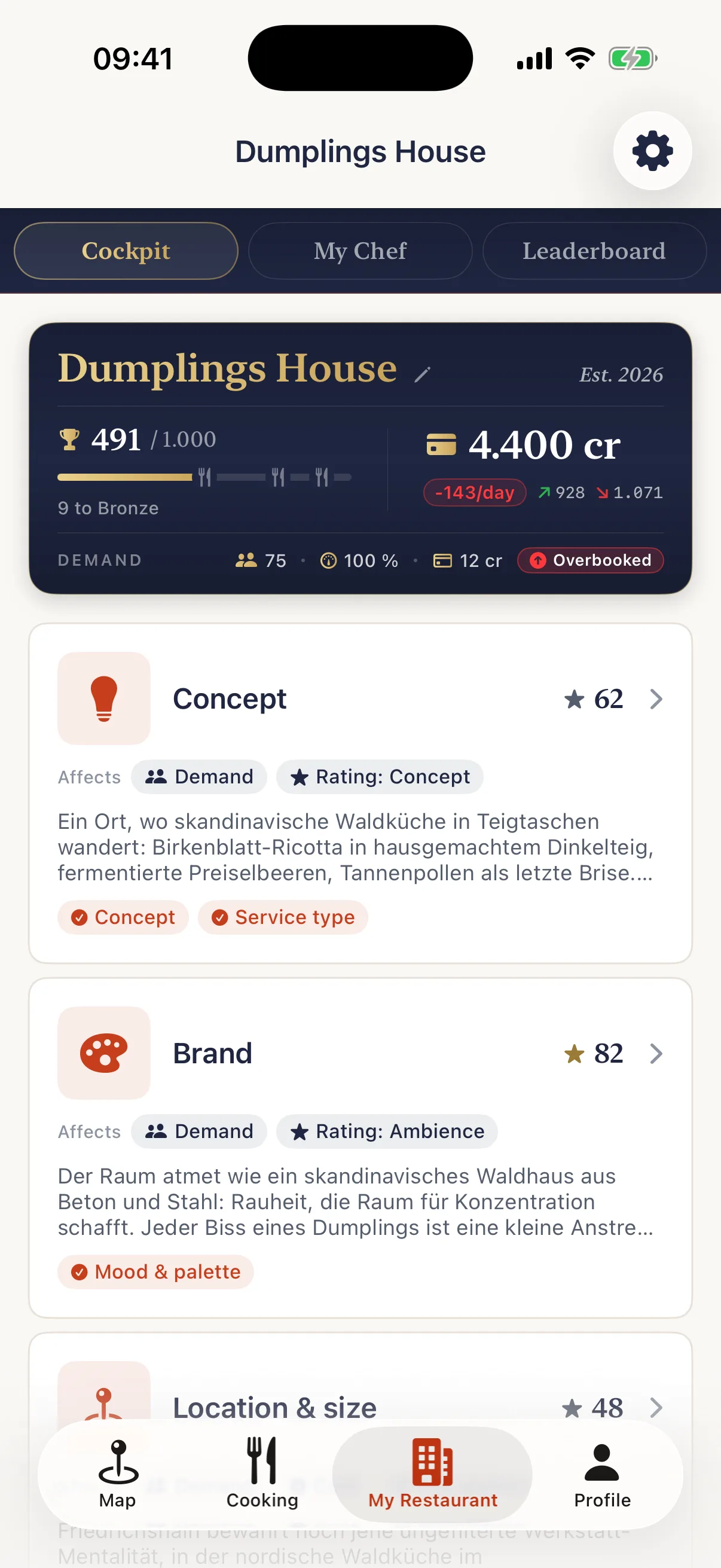 TSTE app: your own restaurant in Chef's Path, cockpit with score and rank