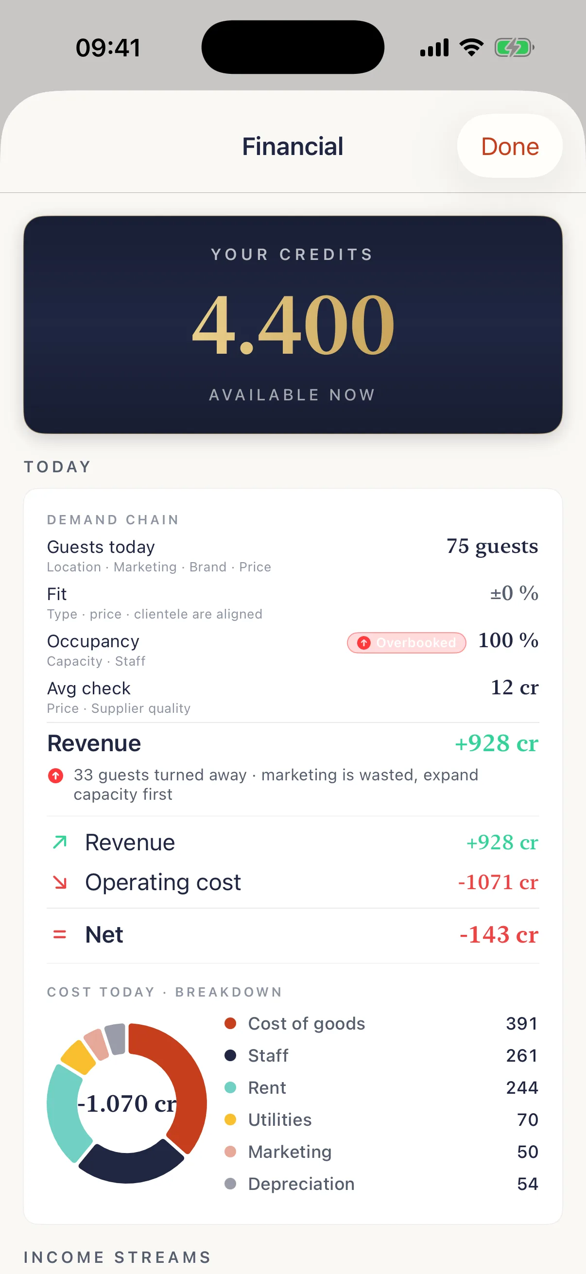 TSTE app: your own restaurant in Chef's Path, finances with cost breakdown