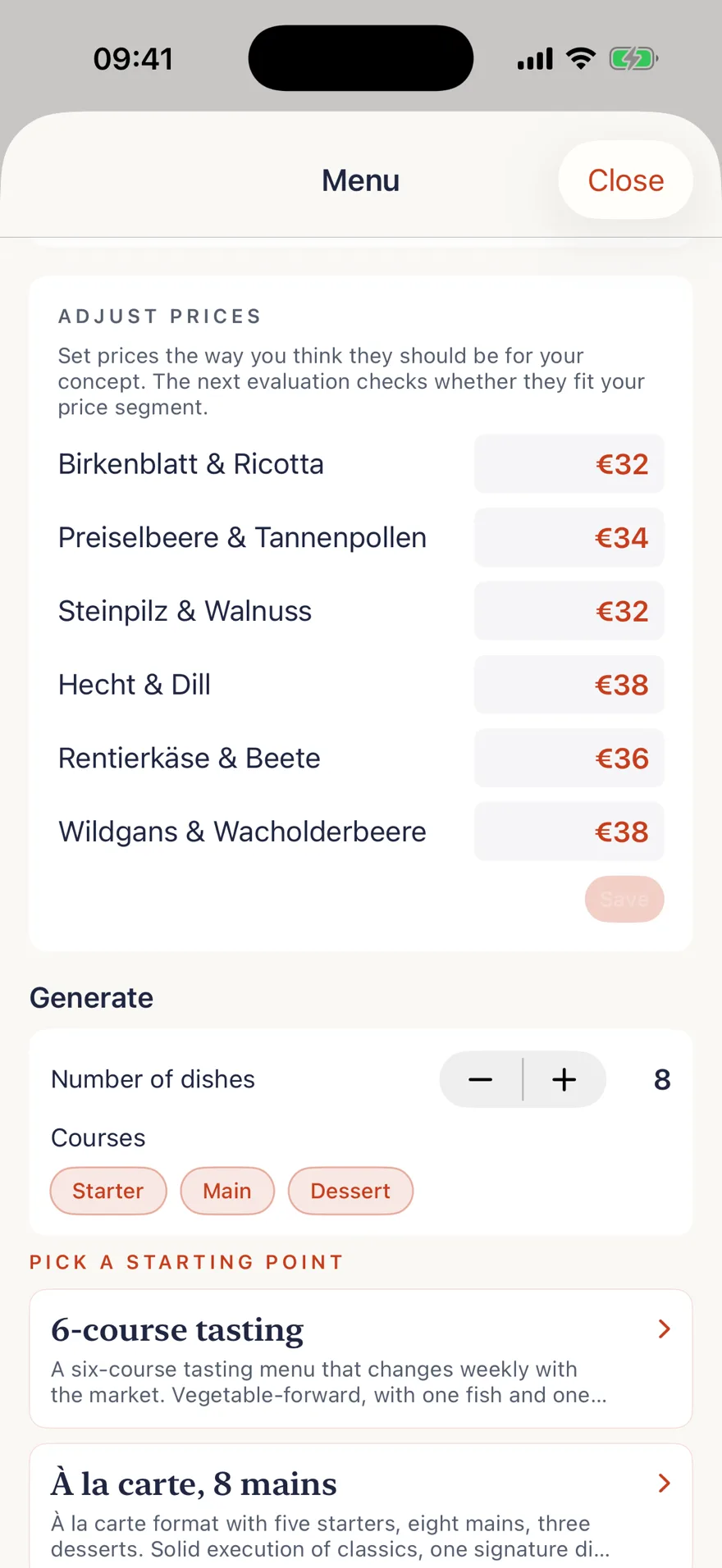 TSTE app: your own restaurant in Chef's Path, menu builder