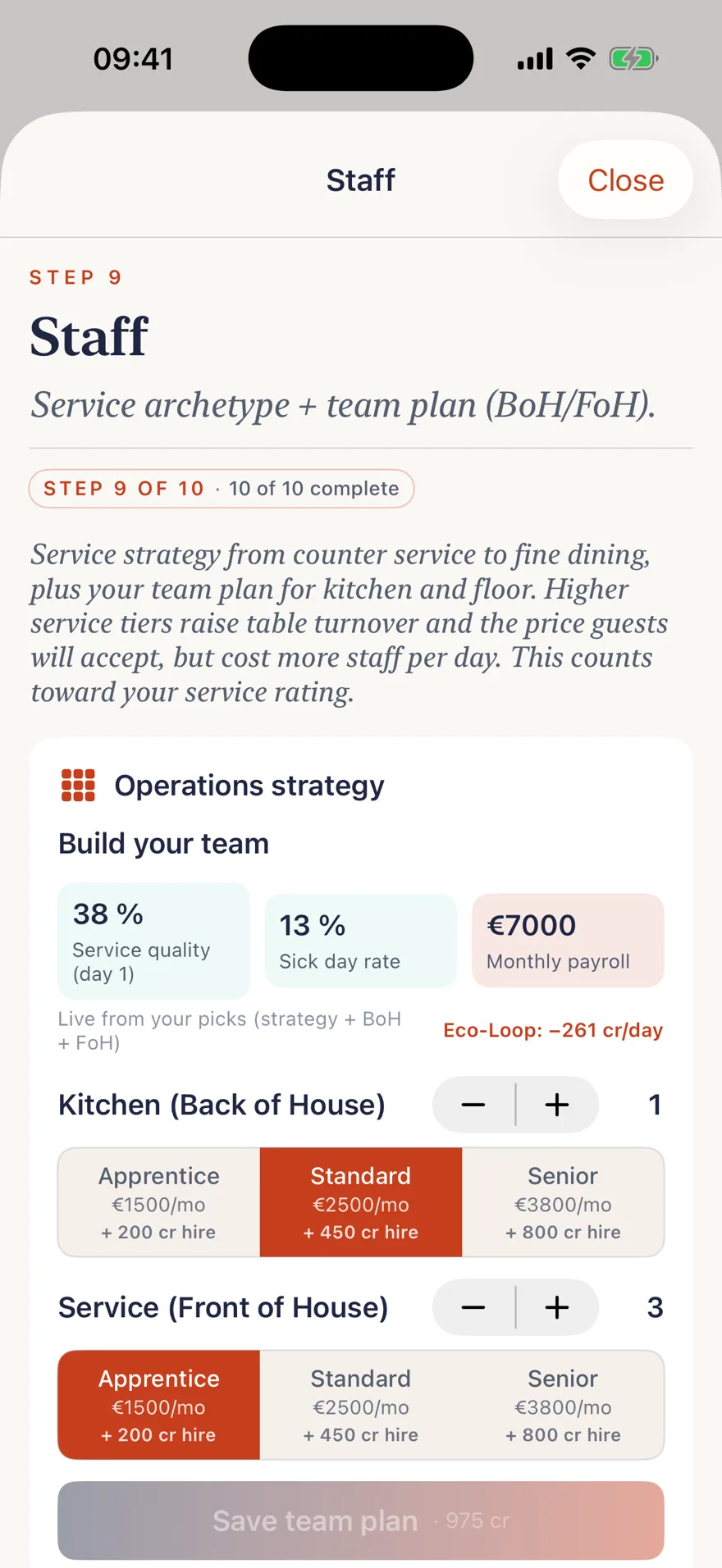 TSTE app: your own restaurant in Chef's Path, staff screen